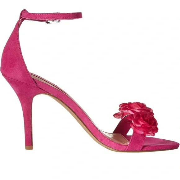 BETSEY JOHNSON Bromme Fuchsia Fabric Floral Dress Sandal Open Toe Heels Size 7 - Picture 2 of 11